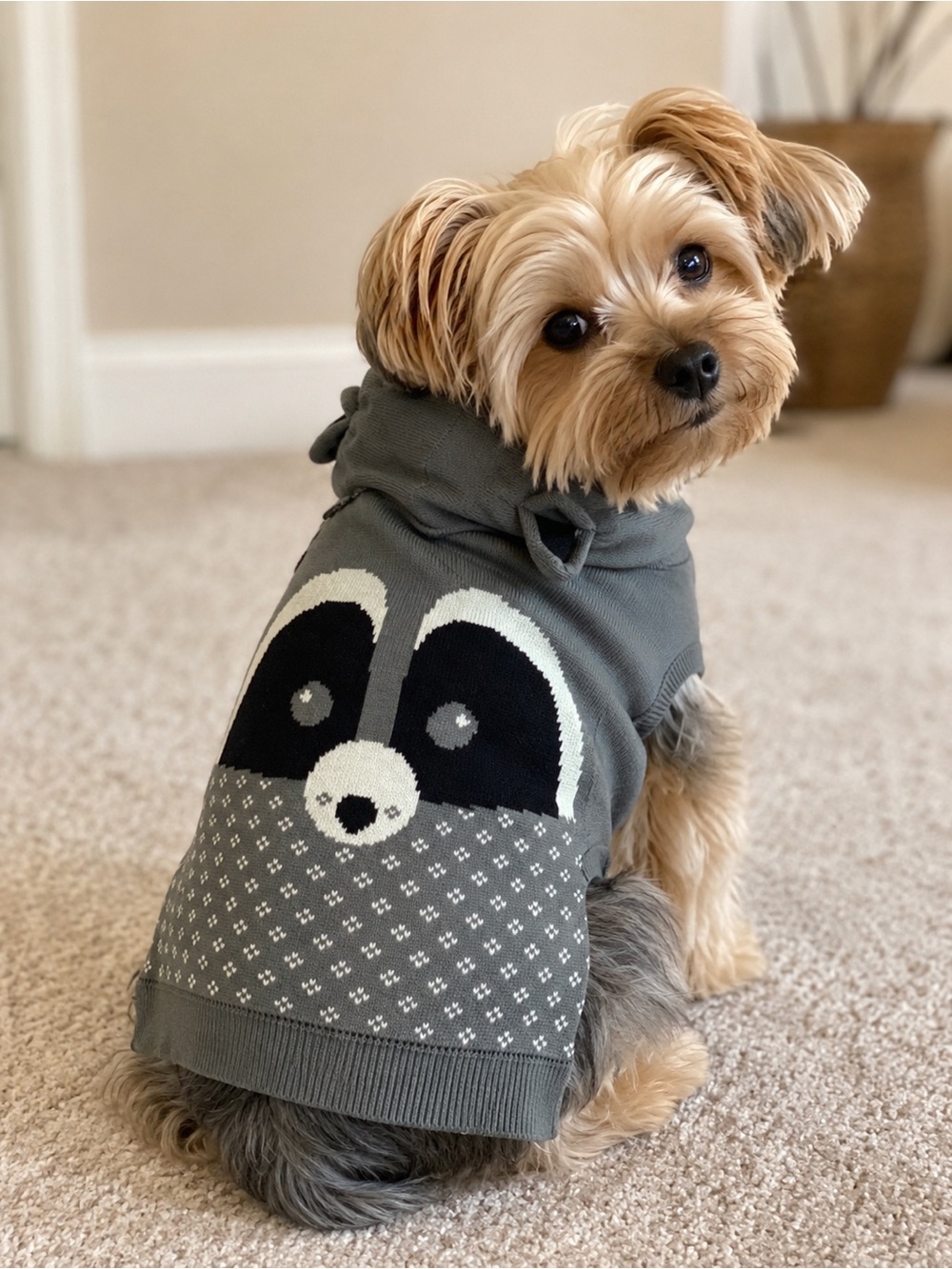 𝅺MARTHA Stewart gray raccoon hooded knit sweater XL